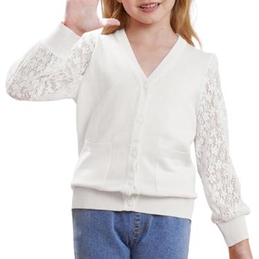 Imagem de GRACE KARIN Cardigã feminino uniforme escolar malha oca manga longa botão suéter para 5-12 anos, Branco 2, 6 Anos