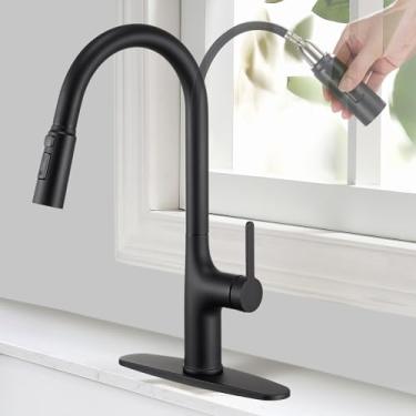 Imagem de FROPO Torneira de cozinha preta com pulverizador de puxar, torneiras de pia de cozinha com placa de convés 3 funções Power Boost Pulverizador de puxar moderno torneiras de cozinha comerciais de alça única