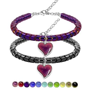 Imagem de JunyiDIY Um par de pulseiras de hematita em forma de engrenagem com pingentes de coração de humor termo sensível que muda de cor, presentes para casais, Aço inoxidável, hematita