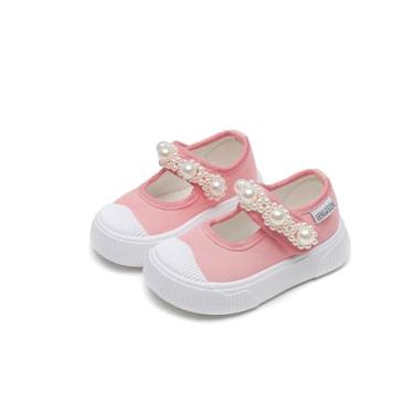 Imagem de GENGASUN Tênis infantil feminino Mary Jane Flat Baby Canvas Pearl Tênis para uniforme escolar casual macio para caminhada, rosa, 7 Toddler