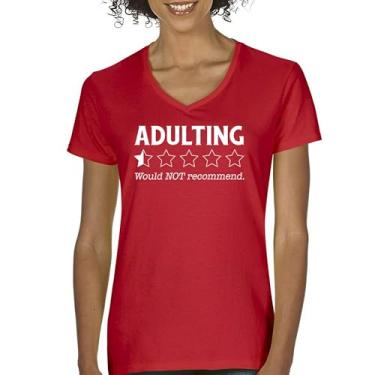 Imagem de Adulting Would Not recommend Camiseta feminina com gola em V Funny Adult Life is Hard Review Humor Parenting 18th Birthday Gen X Tee, Vermelho, P