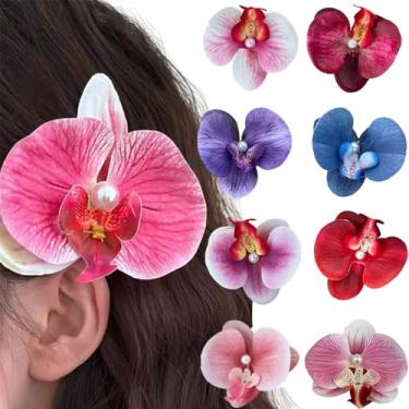 Imagem de Grampos de cabelo de orquídea, grampo de cabelo com flor de borboleta boêmia de 8 cores, presilha de cabelo artificial Phalaenopsis para férias à beira-mar, acessórios de cabelo para noivas, grampos