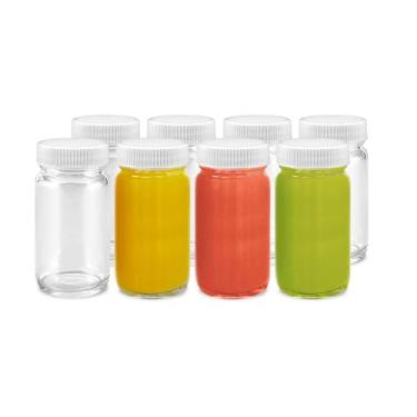Imagem de Conjunto de garrafas de suco – boca larga para sucos, armazenamento de bebidas, líquidos, 60 g, garrafas de vidro pequenas transparentes com tampas brancas, reutilizáveis, à prova de vazamento