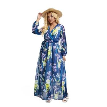 Imagem de lvenzse Vestido maxi feminino boho chiffon estampado floral decote em V vestidos longos, Chiffon-azul-marinho, 5G