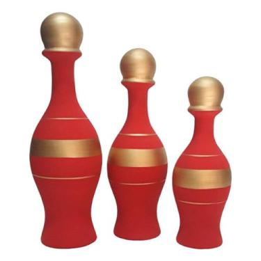 Imagem de Trio Vasos Pinos de Boliche Grande em Cerâmica Fosca Decor - Red Gold 