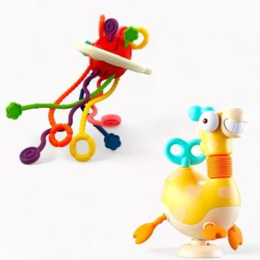 Imagem de Kit Chocalho Sensorial De Girafa Com Mordedor Sensorial Disco Voador -