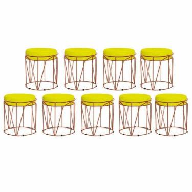 Imagem de Kit 09 Puffs Decorativo Redondo Sol Base Bronze Suede Amarelo - DAMAFF