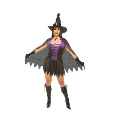 Imagem de Fantasia Bruxa Paetê Roxa Adulto - Jade Fashion, P, PRETO COM ROXO