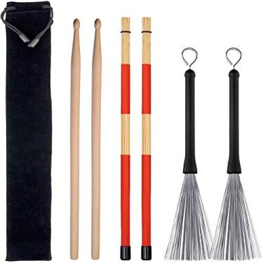 Imagem de Conjunto de baquetas de bateria, 1 par de escovas de tambor retráteis, 1 par de hastes de tambor e 1 par de baquetas clássicas de madeira de bordo 5A para amantes de música acústica, presente total de 3 pares