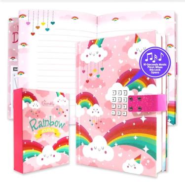 Imagem de Decorably Diário de arco-íris Glittery A5 para meninas com código e música, diário arco-íris de 80 folhas com cadeado de código para meninas com cabo de carregamento