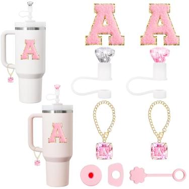 Imagem de XIANGYUAN Capa de canudo para acessórios Stanley Cup, topo de palha de diamante brilhante, pingentes exclusivos de letras de cristal para copos Stanley, adesivo para decorações Stanley, conjunto rosa