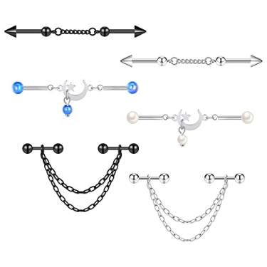 Imagem de Oyaface 14G (1,6 mm) Aço Inoxidável Preto Prata Piercing Helix Industrial Halteres Conjunto de Piercing, Aço inoxidável, Sem pedras preciosas