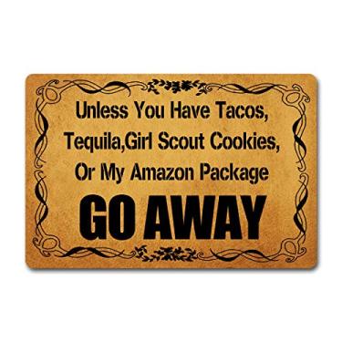Imagem de GXFC ZHAO Tapete de porta engraçado Welcome Tacos Tequila Amazon Package Go Away Capacho personalizado com traseira de borracha antiderrapante (23,6 x 39,9 cm) Tapetes de área de presente para a