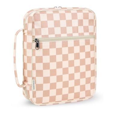 Imagem de WOBAGMEN Capa bíblica para mulheres, capa de bíblia quadriculada para mulheres, estojo de transporte bíblico de veludo cotelê para meninas, acessórios de material de estudo da Bíblia