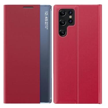 Imagem de FWYANZH Capa de couro para Samsung Galaxy S25 Ultra/S25 Plus/S25, Smart View Window Case Flip Folio Stand Slim Full Body Protection, Vermelho, S25