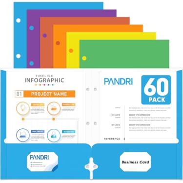 Imagem de Pastas de portfólio de dois bolsos, pacote com 60 PANDRI com 3 furos e 2 pastas de bolso para fichário de 3 anéis, pasta de arquivo de papel tamanho carta para escola, escritório, casa, negócios