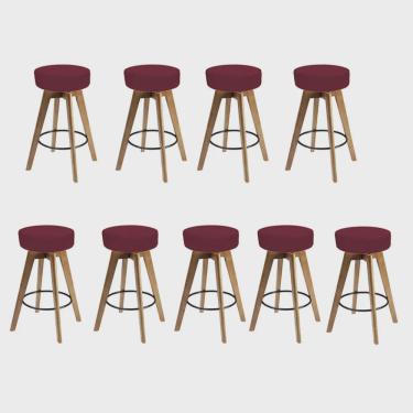 Imagem de Kit 09 Banqueta Alta Redonda Giratória Elsa Madeira Balcão Bistrô Cozinha Suede Bordô - Ahz Móveis