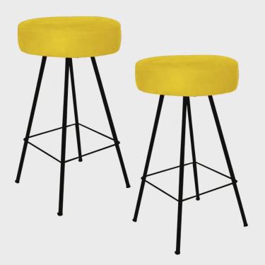Imagem de Kit 02 Banqueta Alta Laisa Industrial Redonda Cozinha Bar Balcão Bistrô Ferro Preto Suede Amarelo - Ahz Móveis
