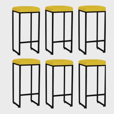 Imagem de Kit 06 Banqueta Alta Lara Para Cozinha Bar Balcão Bistrô Churrasqueira Ferro Preto Suede Amarelo - Ahz Móveis