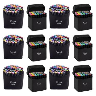 Imagem de Caneta Permanente Estojo 48 Cores Canetinhas Kit 12 unidades Marcador Ponta Dupla Bolsa com Alça Desenho Pintura Arte