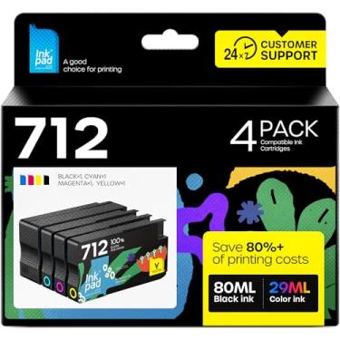 Imagem de iNKPAD 712 cartuchos de tinta compatíveis com cartuchos de tinta 712 XL 712XL - compatíveis com impressoras DesignJet T210 T230 T250 T630 T650 Studio Plotter (pacote com 4, 80 ml preto + 29 ml ciano