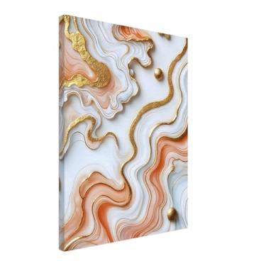 Imagem de PUREVACY Arte de parede de mármore para quarto, sala de estar ou escritório. Decoração de parede branca, dourada e laranja suave. Impressão de arte abstrata ondulada Orientação vertical tamanho 45 x