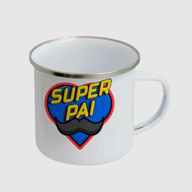 Imagem de Caneca de Inox Esmaltada Branca Premium - CORACAO AZUL BIGODE SUPER PAI