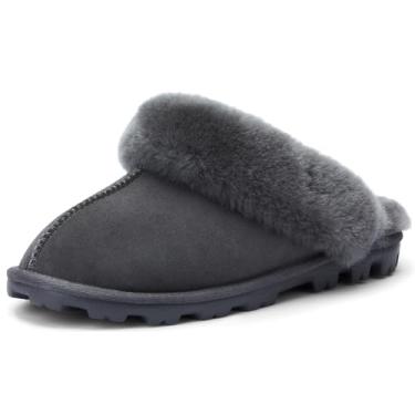 Imagem de Pantufas femininas WaySoft de pele de carneiro australiana genuína, resistentes à água, quentes e fofas, para uso ao ar livre, para mulheres, Cinza, 8