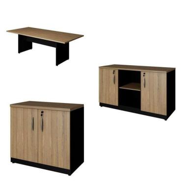 Imagem de Conjunto Escritório com Mesa de Reunião 6 Lugares e 2 Armários Baixos com Chave Espresso Móveis Macadâmia/Preto