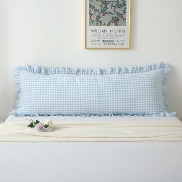 Imagem de K MASANIJI Capa de travesseiro de cama azul claro xadrez xadrez guingão, 100% algodão, xadrez, vintage, casa de fazenda decorativa (137 x 50 cm, azul claro/xadrez branco)