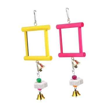 Imagem de KiBcsLic 2x Brinquedos de espelho de galinha Brinquedo de de madeira Bico Pedras de moer com sino para pássaros, Vermelho Amarelo