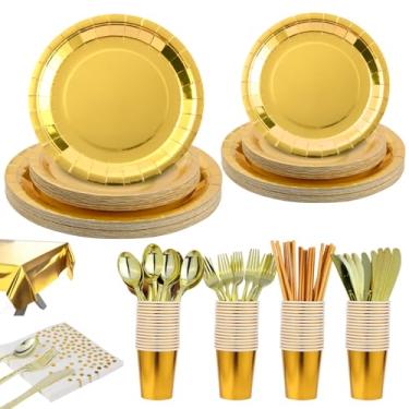 Imagem de Conjunto de 200 peças de louça de festa descartável dourado - pratos de papel dourado, guardanapos, tubos, garfos de plástico dourado, facas e colheres para 25 convidados