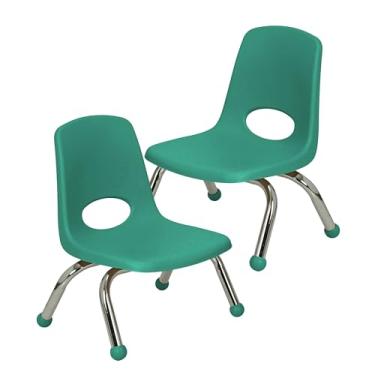 Imagem de Cadeira escolar empilhável de 20 cm, assento de estudante empilhável com pernas de aço cromado e deslizadores esféricos; para creche, pré-escola e escola em casa - Verde (pacote com 2), 15407-GN