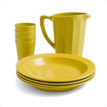 Imagem de Kit Plástico 1 Jarra 1,7L + 4 Pratos + 4 Copos 200Ml Conjunto Mesa Para Festas Creches Escolas Infantil (Amarelo)
