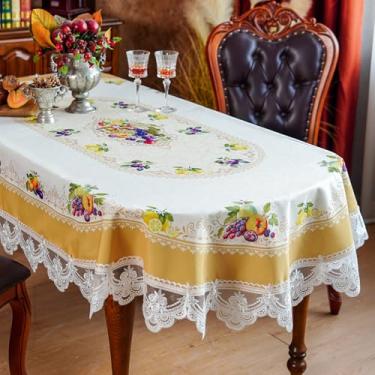 Imagem de SUTAVIA Toalha de mesa bordada de renda, toalha de mesa retangular de fazenda, toalha de mesa de macramê clássica oblonga com decoração de flores antigas (amarelo, oval, 152 x 213 cm)