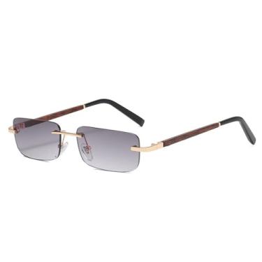 Imagem de Moda Pequeno Retângulo Sem Aro Gradiente Óculos de Sol Feminino Vintage Grão de Madeira Óculos de Sol Masculino Óculos de Sol Tons UV400, Gradiente Cinza, Tamanho Único