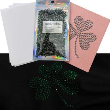 Imagem de Genio Cristal SS10 Esmeralda de strass Ultra Hotfix verde escuro com molde de trevo e fita de transferência – 3600 peças – Kit de prensa térmica DIY Lucky DIY