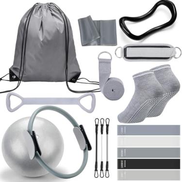 Imagem de RoundFunny Conjunto de anéis de pilates, 18 peças, acessórios de equipamentos de exercício para mulheres, exercícios, bola de pilates, alça de alongamento, círculo mágico, anel de ioga, academia