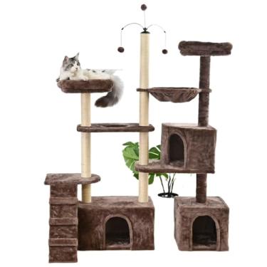 Imagem de Arranhador, torre de gato grande, ajustável, multifuncional, casas, camas, cesto, poleiros, brinquedo giratório(Marrom)