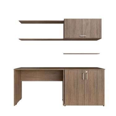 Imagem de Escrivaninha com Armário Baixo e Aéreo com Chave 200cm X 75cm Modular Kitcubos Carvalho Mel