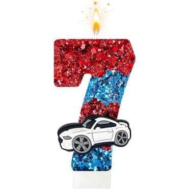 Imagem de Velas de aniversário de carro vermelhas e azuis, número 7 para topo de bolo, decorações de aniversário de carros de corrida, adequadas para decoração de festas de aniversário com tema de carros