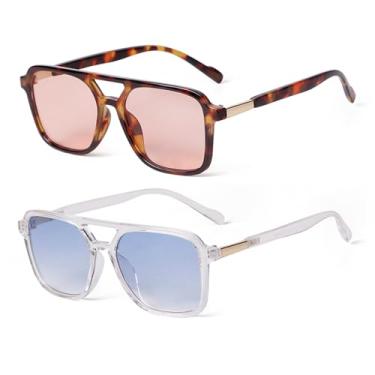 Imagem de VIA LEECA Pacote com 2 óculos de sol aviador retrô para mulheres e homens, óculos de sol femininos quadrados dos anos 70 da moda, Armação marrom tartaruga, lente laranja clara/armação transparente