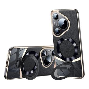 Imagem de HAOMRIYL Capa de couro para Huawei Pura 80 Ultra/80 Pro +/80 Pro/80, capa de proteção de lente completa anel oculto suporte ajustável suporte à prova de choque, preto, 80