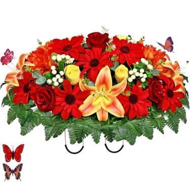 Imagem de HENOMO Sela de flor de lápide feita à mão - flores artificiais de cemitério para decoração de túmulos - funeral/memorial/flores ao lado do túmulo de rosa girassol lírio baga, cor sem sangramento