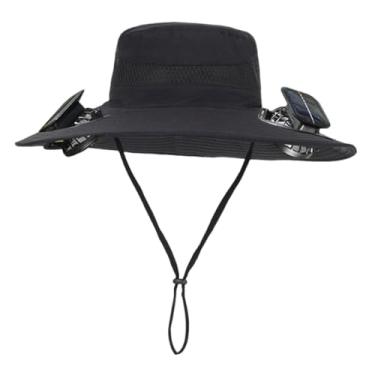 Imagem de YIJU Chapéu de pescador leve com aba larga e proteção solar, recarregável por USB, para escalada e caminhadas ao ar livre, Preto