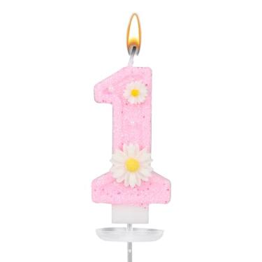 Imagem de Vela de Aniversário Rosa Número 1, Vela com Glitter em Forma de Margarida e Número Bandeja e Palito Lindos Enfeites Bolo para Decoração Festa Primeiro Aniversário Meninas