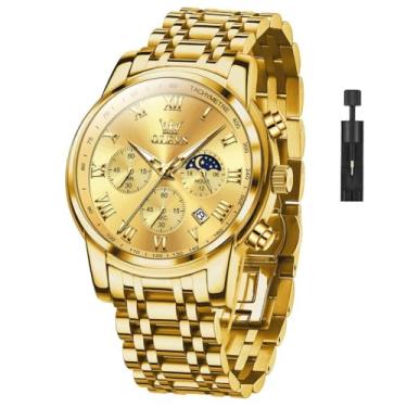 Imagem de OLEVS Relógios masculinos clássicos, à prova d'água, de aço inoxidável, fácil de ler, casual, grande, relógios de pulso analógicos, masculinos, luxuosos, G5529-G-ouro, TASUO-S-G5529G-QJ