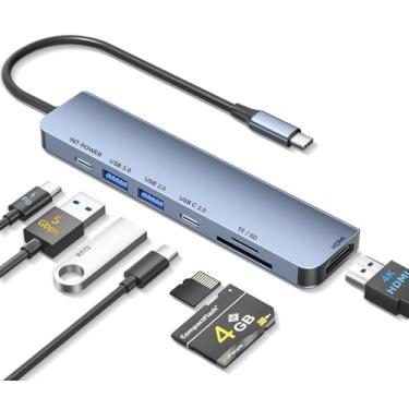 Imagem de Hub USB C, hub USB 7 em 1 para laptop, extensor de porta USB divisor para HDMI 4K, carregamento máximo PD de 100 W, portas de dados USBA 3.0, USBC 2.0, cartão SD/TF, dongle adaptador USB C multiportas