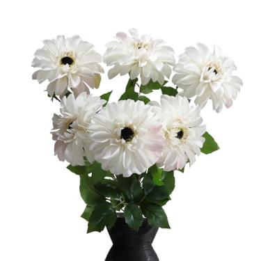 Imagem de GLSATEMAN Pacote com 6 flores artificiais de zinnia, mistura cremosa branco-rosa claro, 62 cm de comprimento, flor grande com botão, flores de seda dobráveis DIY para decoração de casa (branco cremoso