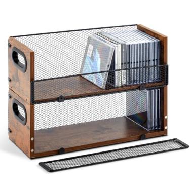 Imagem de Geelin 2 conjuntos de suportes de caixa de armazenamento de CD de madeira, suporte de exibição de fita cassete retrô com alças de transporte, prateleira organizadora para capas de filmes, DVDs